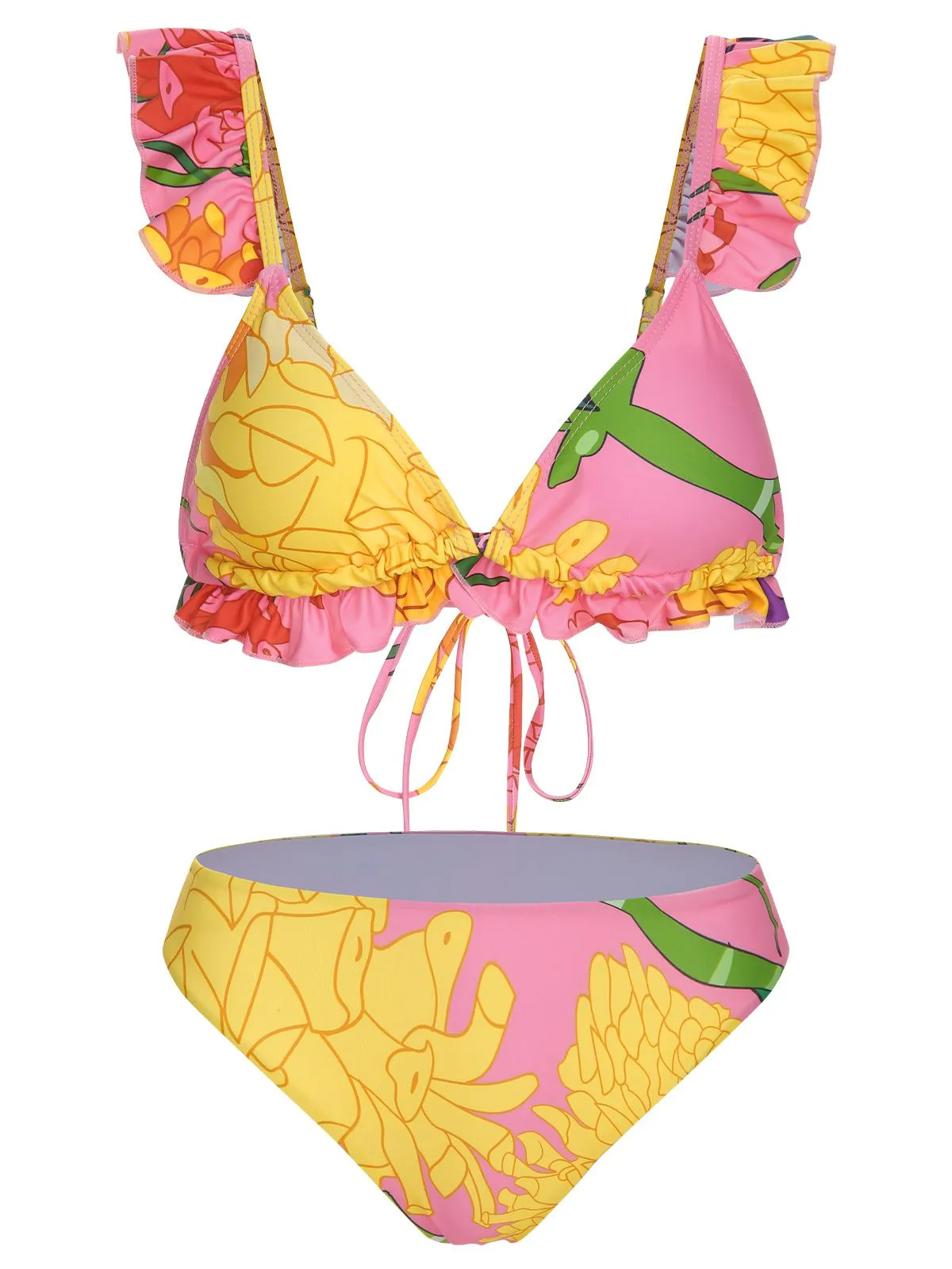 3PCS 1950s Pink Floral Swimsuit Set