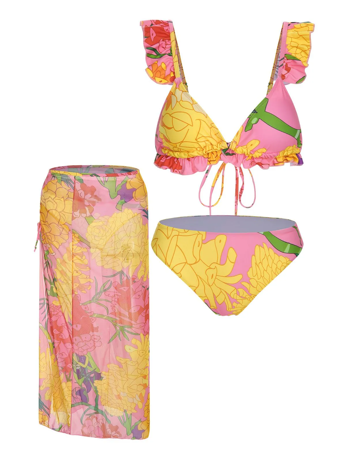 3PCS 1950s Pink Floral Swimsuit Set