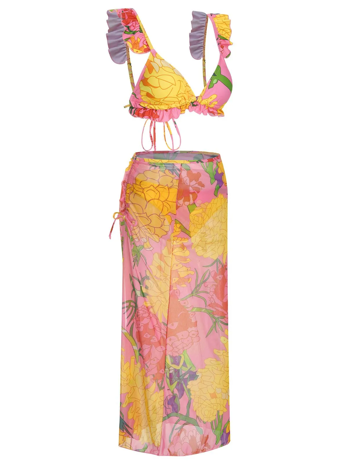 3PCS 1950s Pink Floral Swimsuit Set