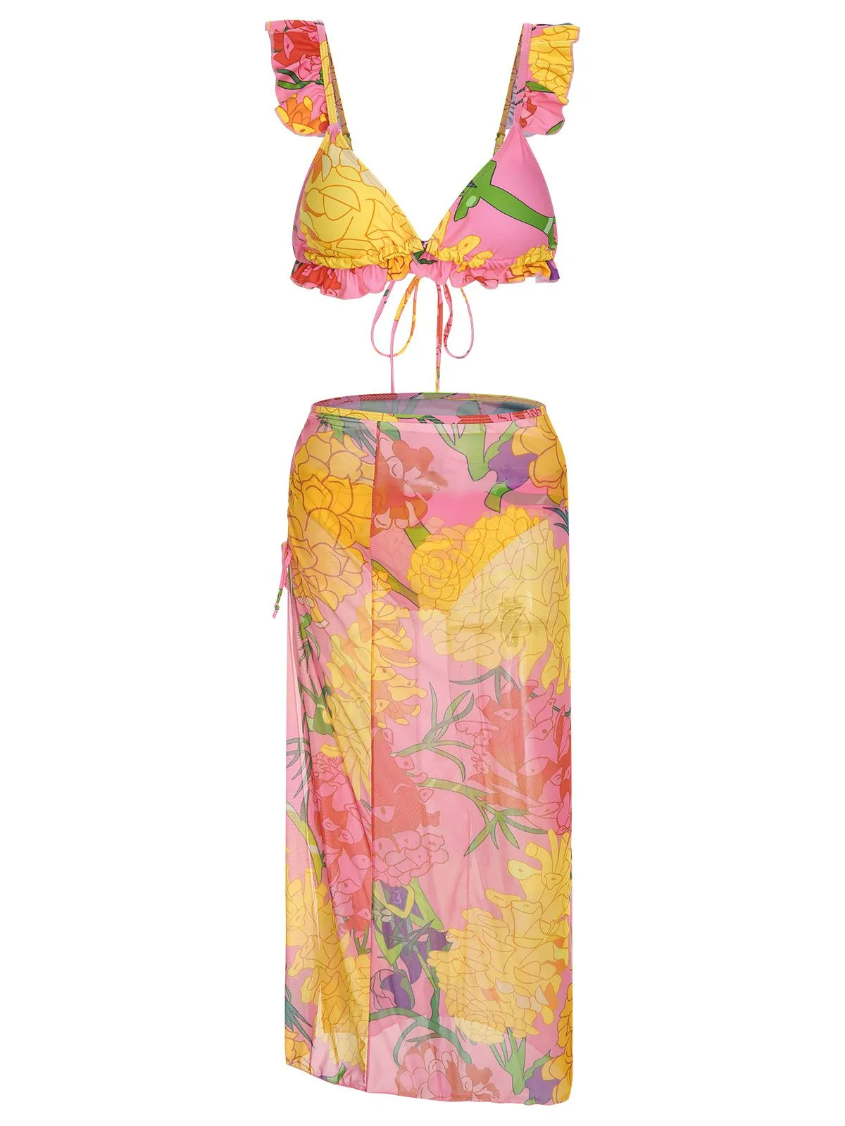 3PCS 1950s Pink Floral Swimsuit Set