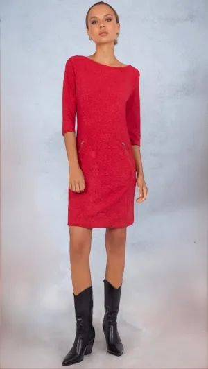 4-A2073 Red Floral Embossed Shift Dress