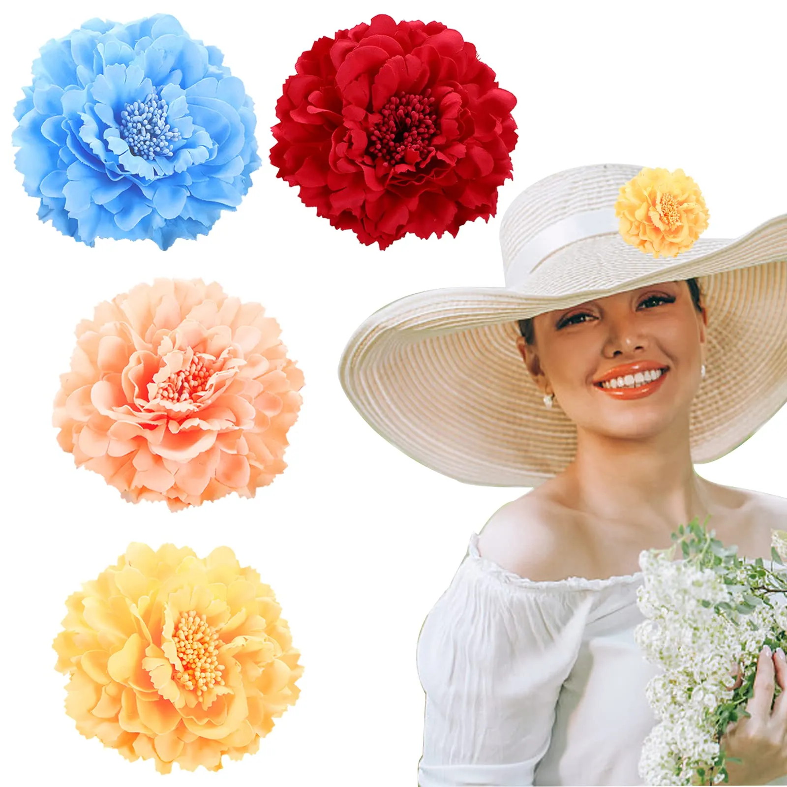 4 Pack Peony Flower Hairpin, Flower Brooch Multicolor Peony Hair Barrette Accessories for Women Girls Party Beach Wedding