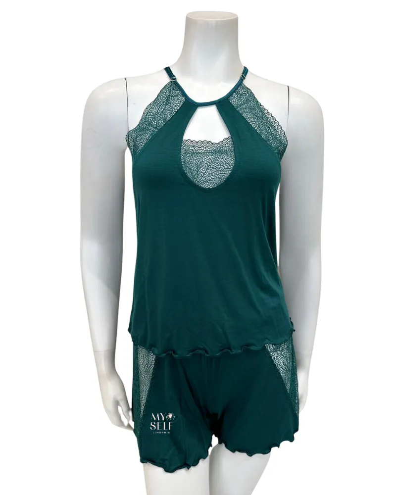 4030 Deep Green Lace Modal Cami & Shorts Pajamas Set