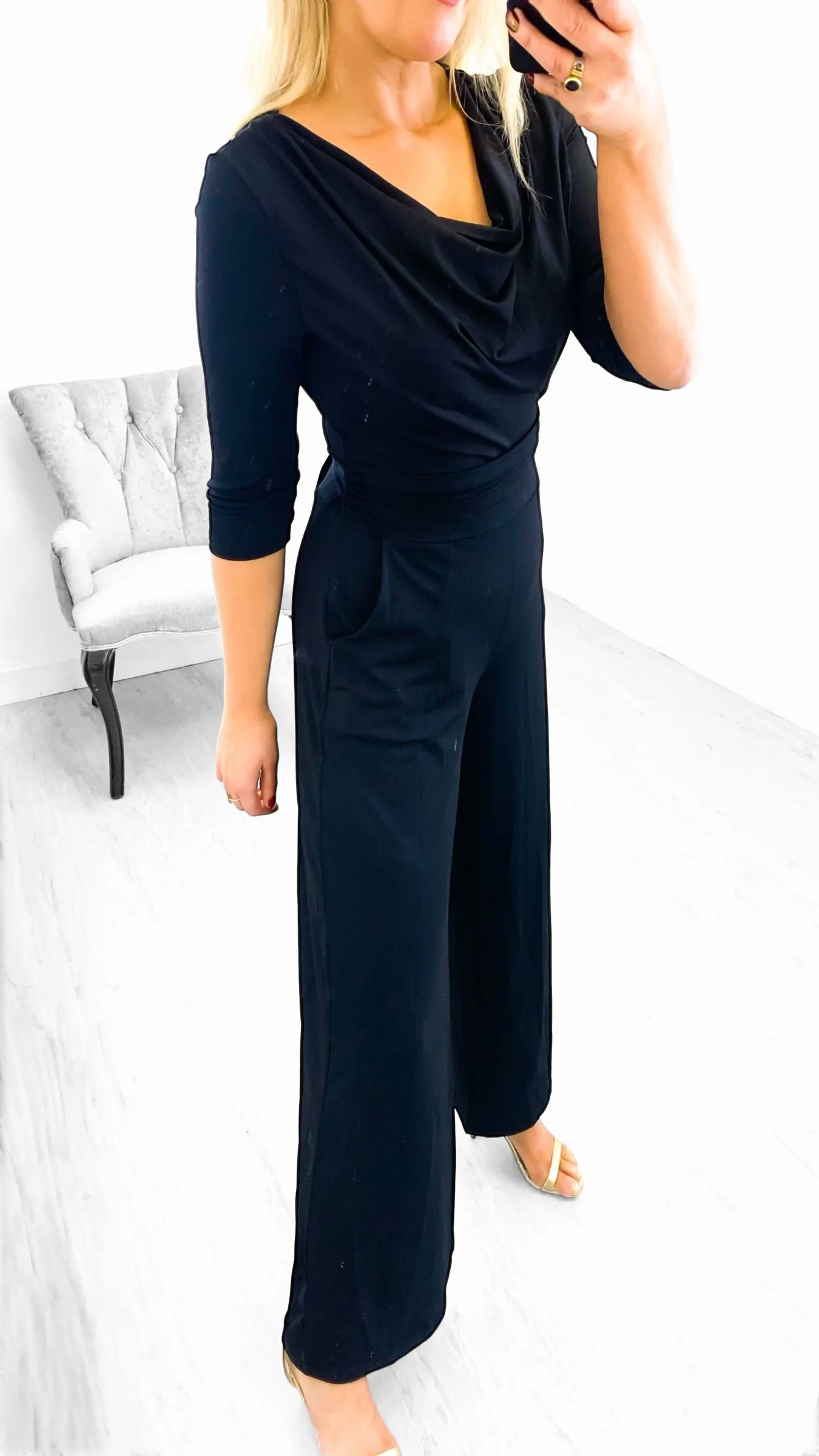 5-A1982 Tammy Black Cowl Jumpsuit