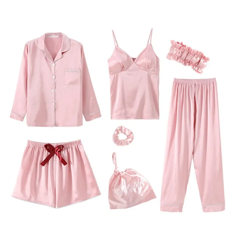 7 piece faux satin silk with chest pad sling shorts pajamas set