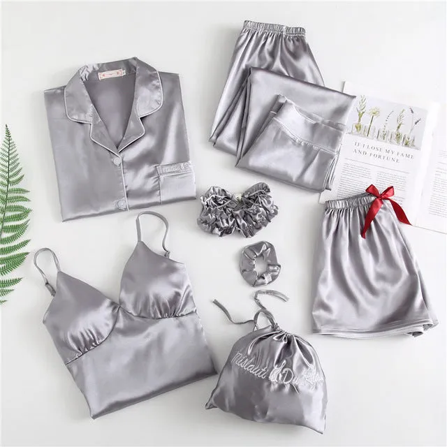 7 piece faux satin silk with chest pad sling shorts pajamas set