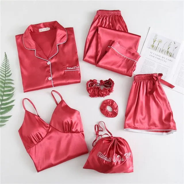 7 piece faux satin silk with chest pad sling shorts pajamas set