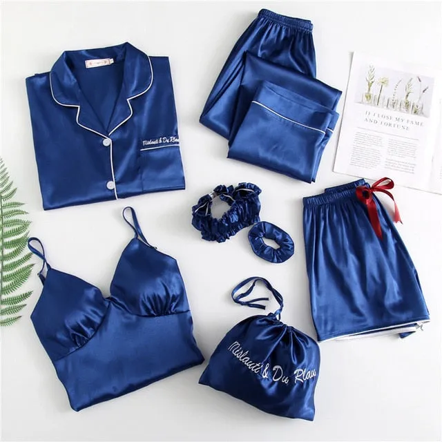 7 piece faux satin silk with chest pad sling shorts pajamas set