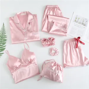 7 piece faux satin silk with chest pad sling shorts pajamas set
