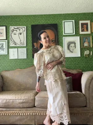 70s Boho Richelieu crochet lace ivory matching skirt set maxi skirt wedding