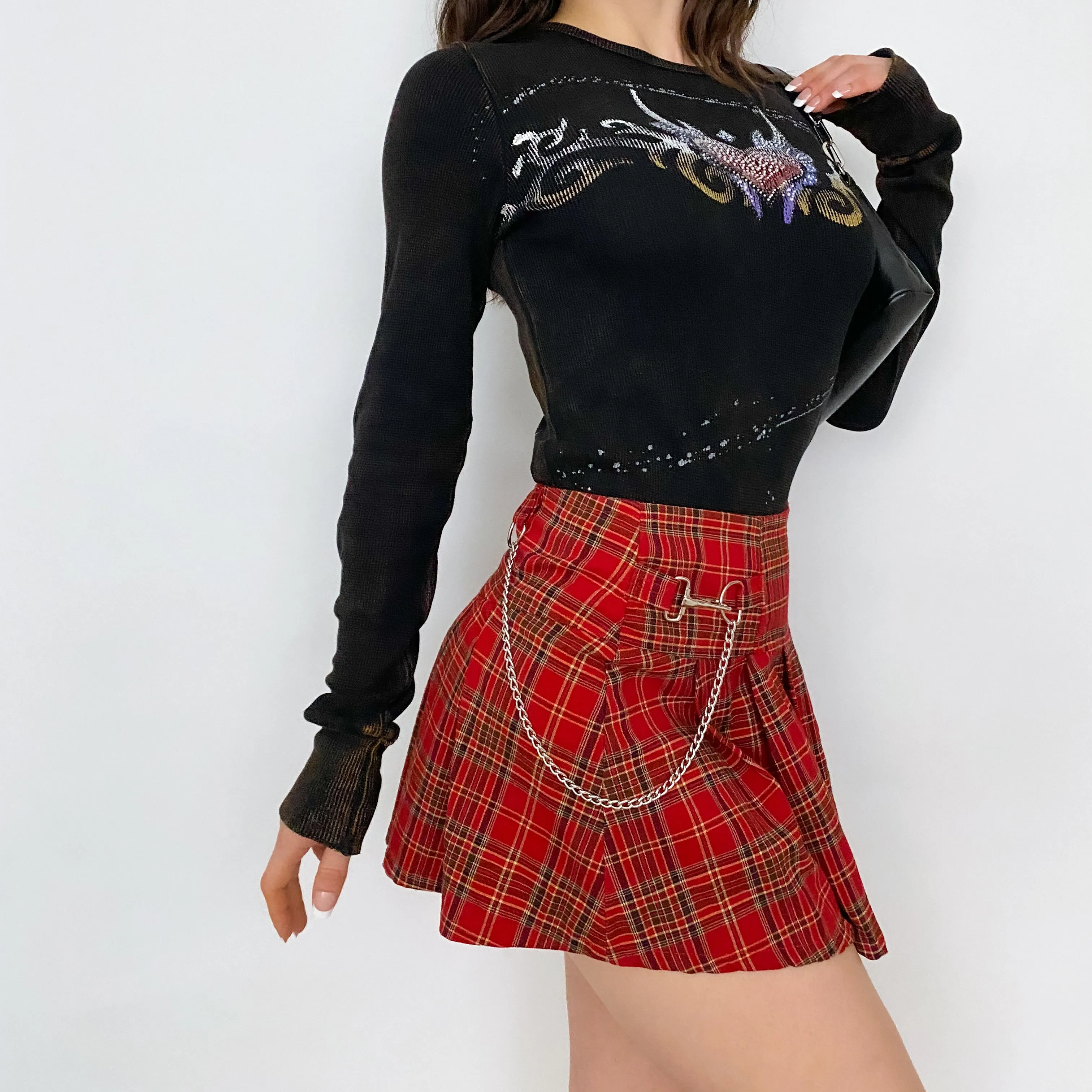 90's Red Plaid Pleated Mini Skirt