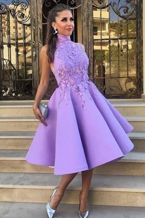 A-Line High Neck Tea-Length Sleeveless Purple Satin Homecoming Dress with Appliques WK119
