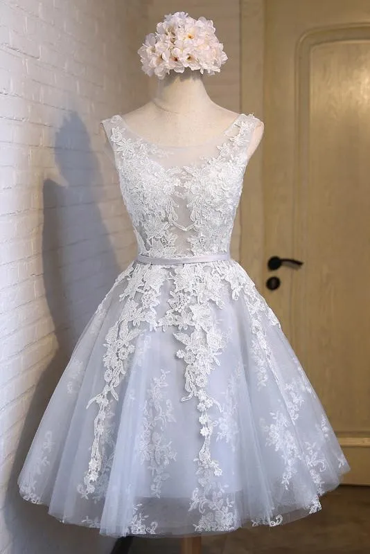 A Line Lace Appliques V Neck Gray Short Homecoming Dresses PFH0078