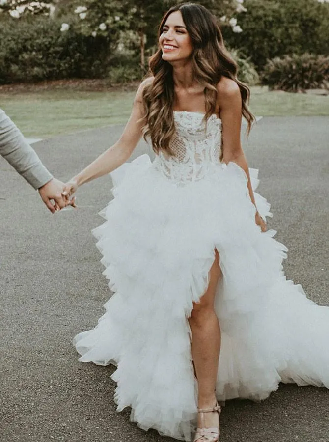 A-Line Strapless Asymmetric Ruffles Wedding Dress with Appliques PFW0014