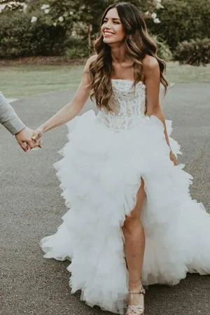 A-Line Strapless Asymmetric Ruffles Wedding Dress with Appliques PFW0014