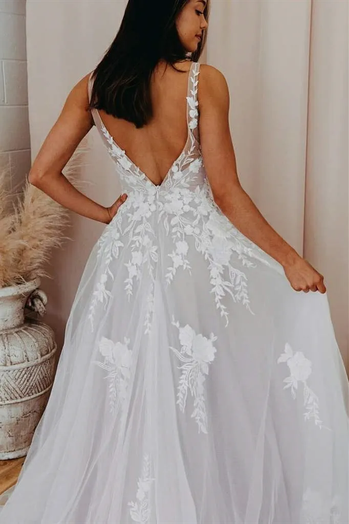 A-Line V Back Long White Wedding Dress with Lace Appliqued