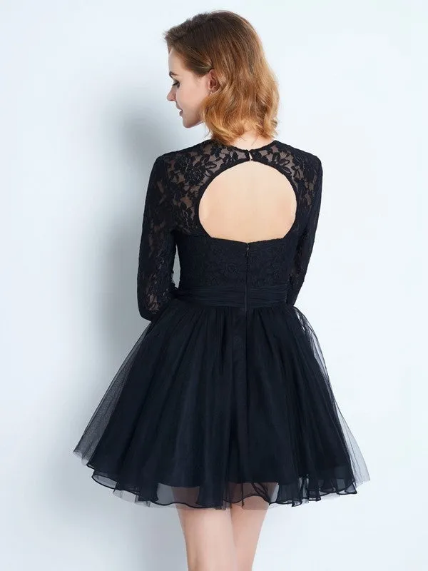 A-Line/Princess High Neck Long Sleeves Lace Short/Mini Net Dresses