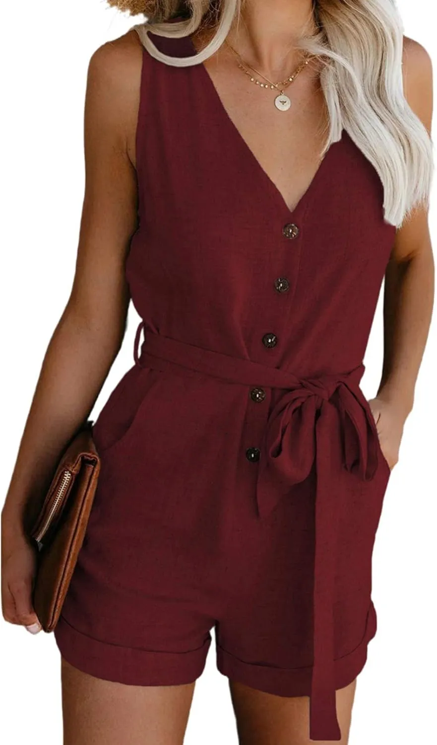 Acelitt Womens Casual Summer Crewneck Ruffle Sleeveless Rompers, XS-XXL
