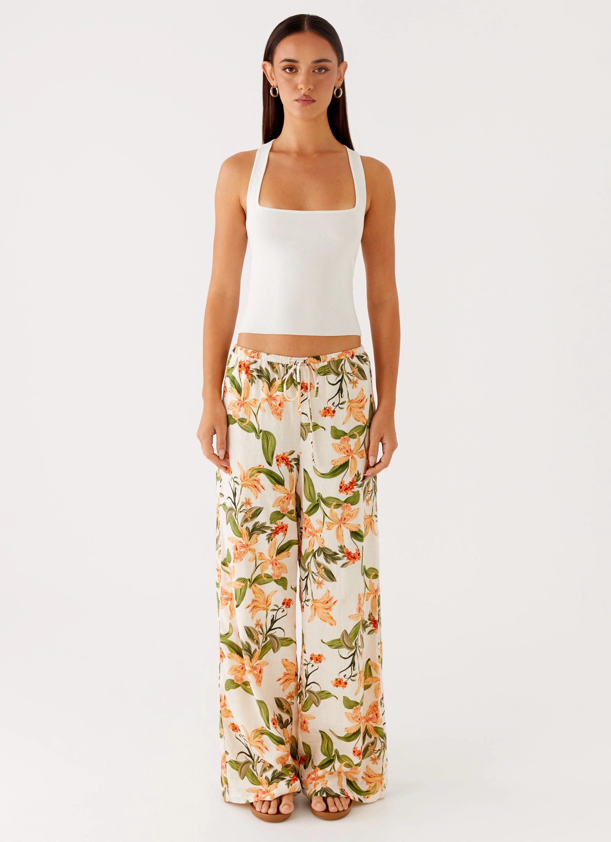 Dalida Linen Pants - Floral Print Flexible Knee Panels Modern Comfort