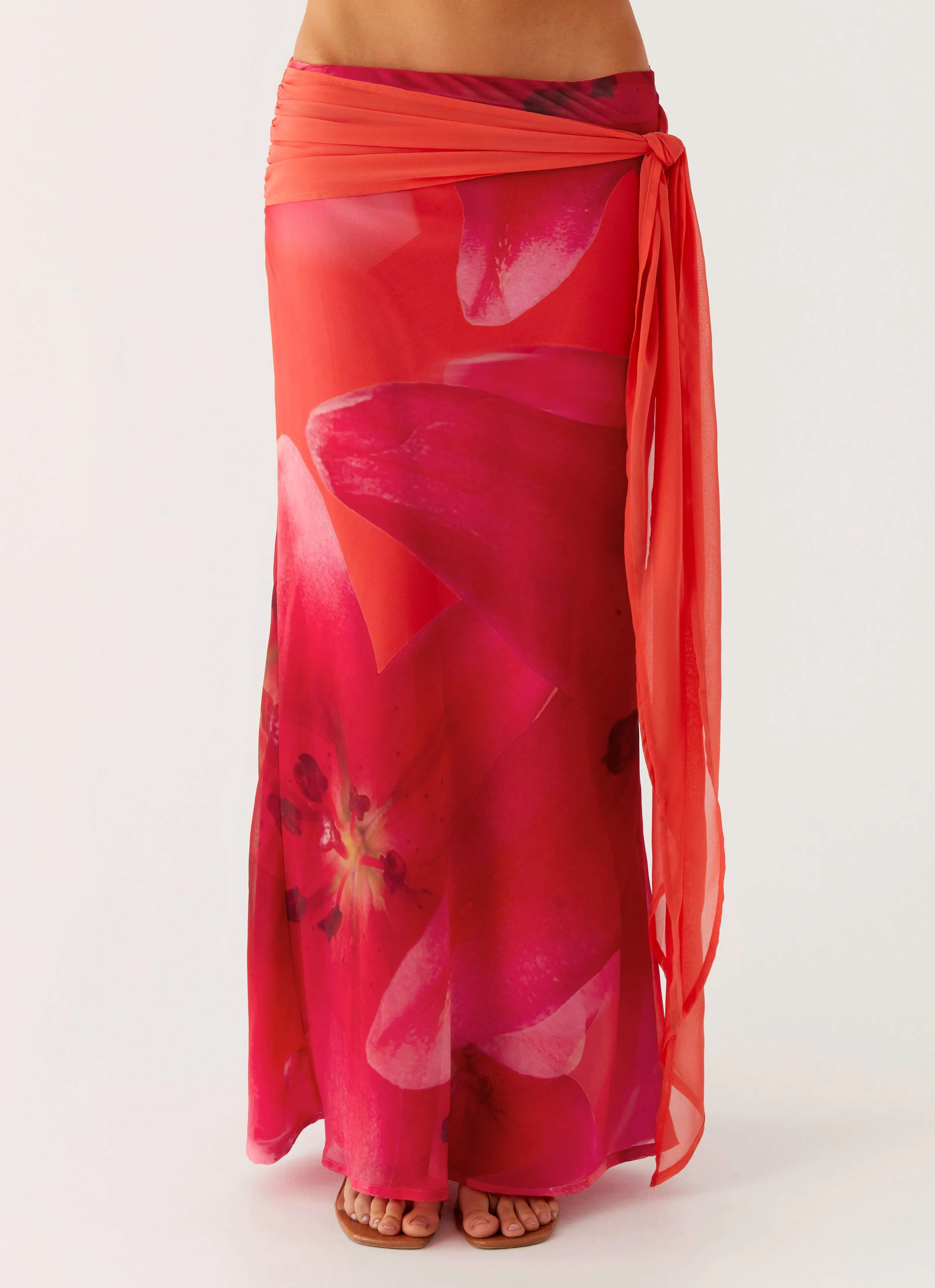 Raya Maxi Skirt - Peach Watermelon Flower BreathableLining Comfortable Layers