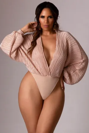 Addison Long Sleeves Pleated Bodysuit in Misty Rose