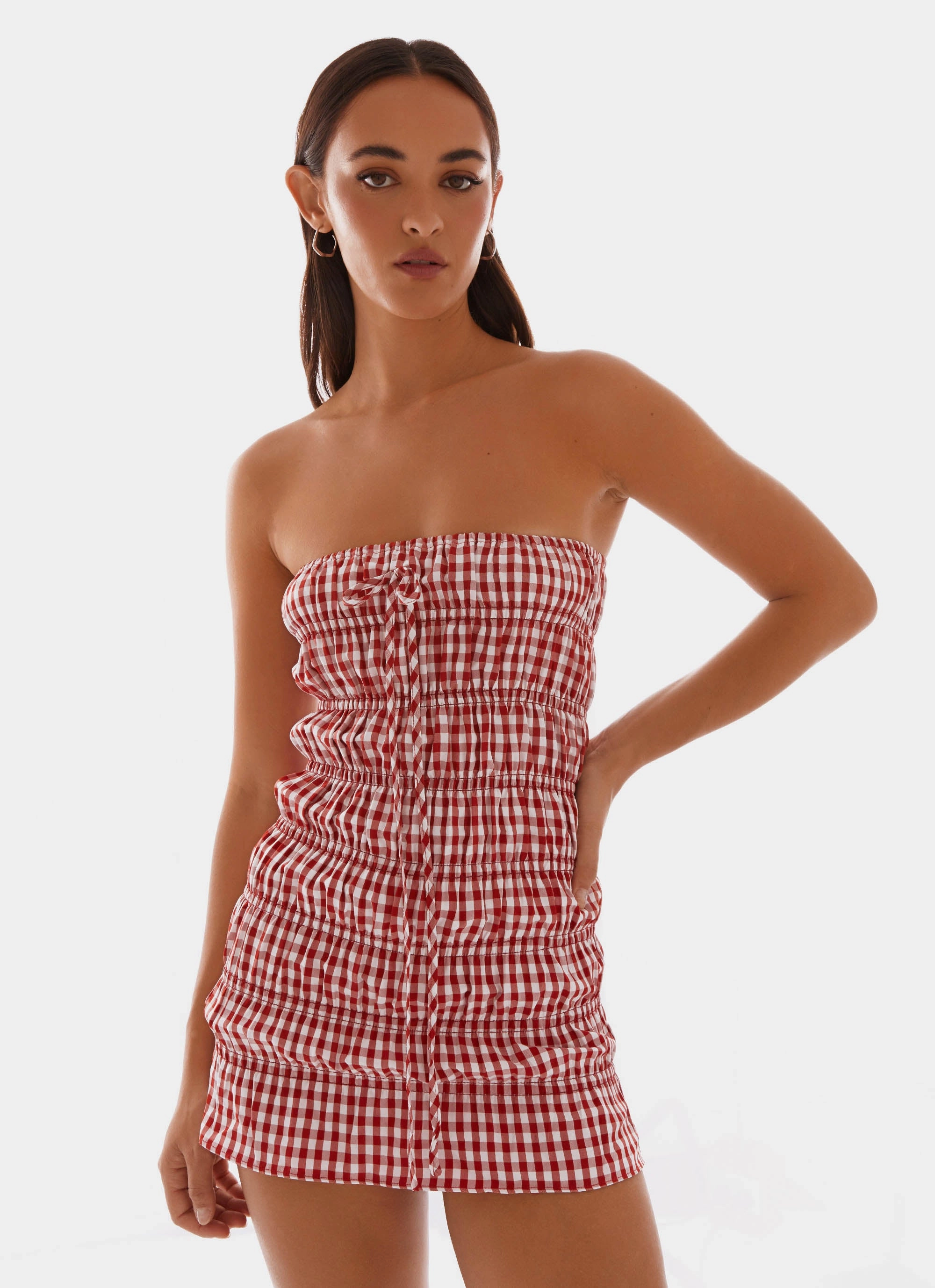 Contrast-Lining Button-Cuff Adele Mini Dress - Red Gingham
