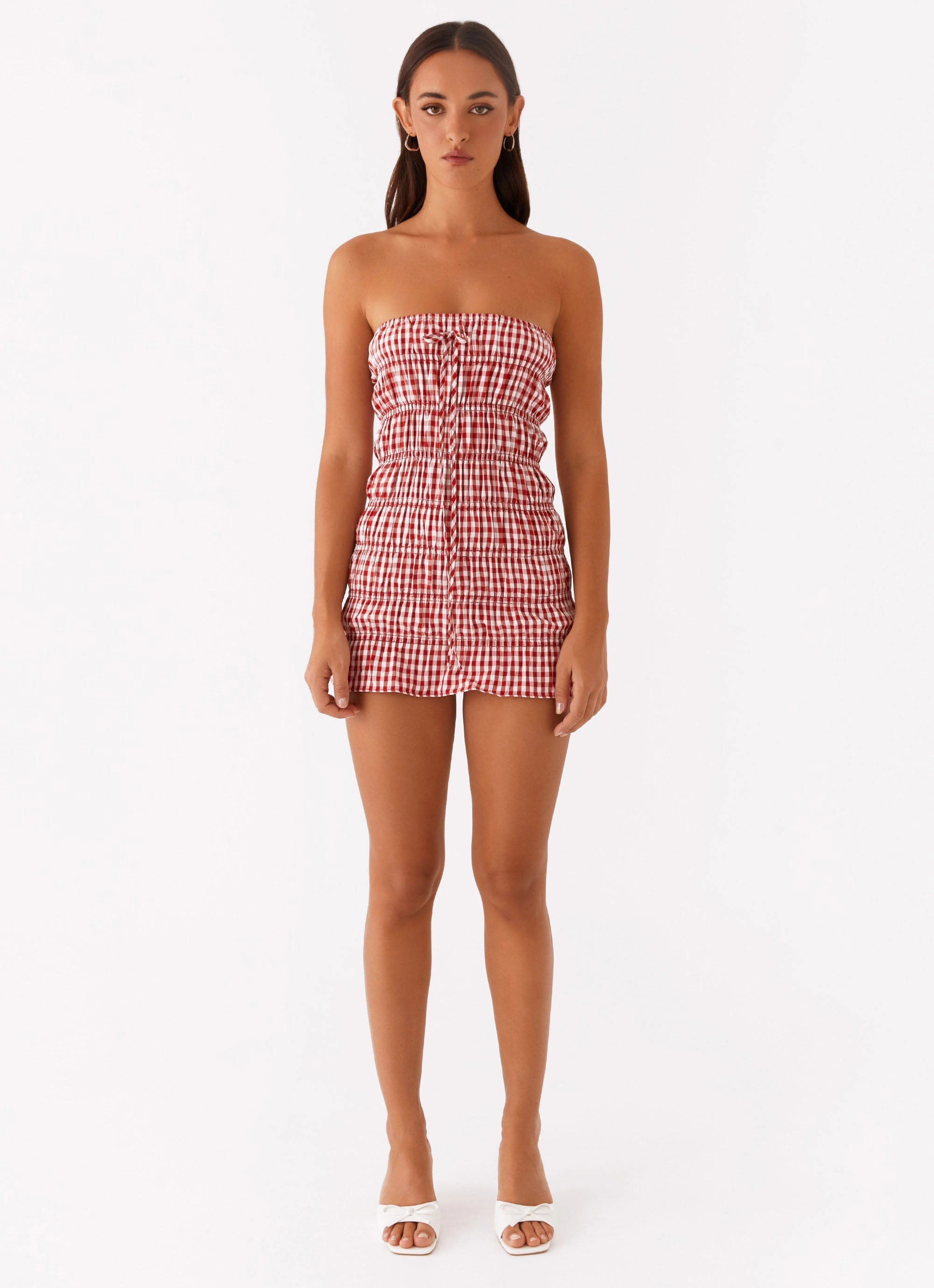 Adele Mini Dress - Red Gingham relaxed elegance Striped-Pattern