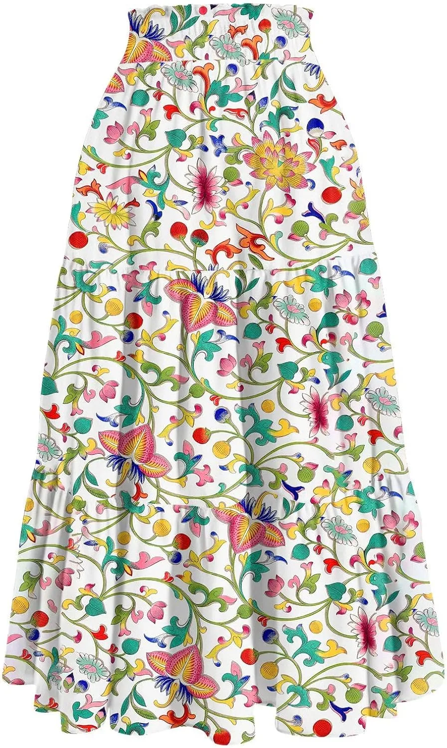 ADHOWBEW Boho Skirts for Women Flowy Cute Ruffle Midi Length Plus Size Beach A Line Casual High Waisted Trendy Spring Skirts