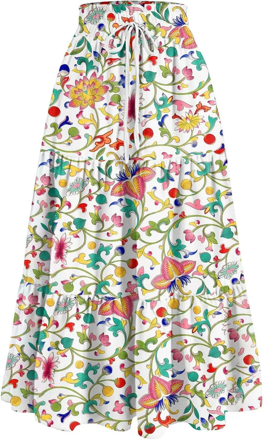 ADHOWBEW Boho Skirts for Women Flowy Cute Ruffle Midi Length Plus Size Beach A Line Casual High Waisted Trendy Spring Skirts