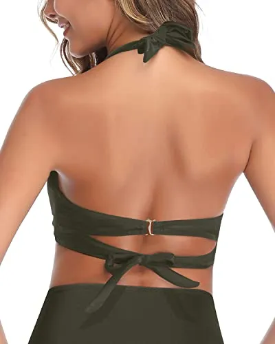 Adjustable Halter Neck Push Up Bikini Top Only-Army Green