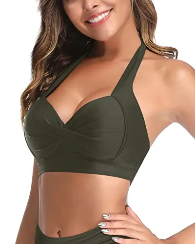 Adjustable Halter Neck Push Up Bikini Top Only-Army Green