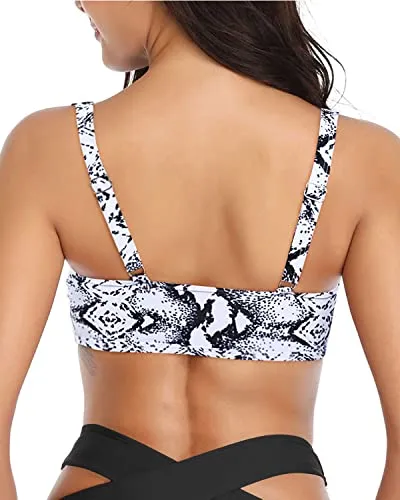Adjustable Push Up Bra Ruffle Flounce Swimsuit Top-Black And White Snake Print
