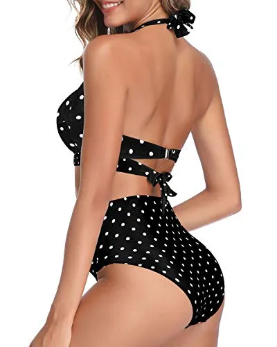 Adjustable Self-Tie Halter Neck Vintage High Waisted Bikini-Black Dot