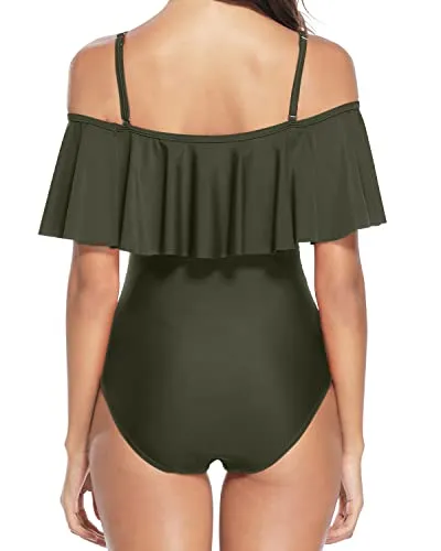 Adjustable Spaghetti Shoulder Strap One Piece Swimsuit Off Shoulder Swimsuit-Army Green