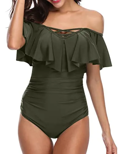 Adjustable Spaghetti Shoulder Strap One Piece Swimsuit Off Shoulder Swimsuit-Army Green