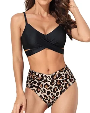 Adjustable Straps Twist Front Two Piece Bikini Swimsuits-Black And Leopard