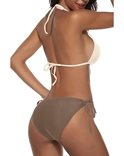 Adjustable Ties Halter Top Thong Bikini Swimsuit For Women-Brown