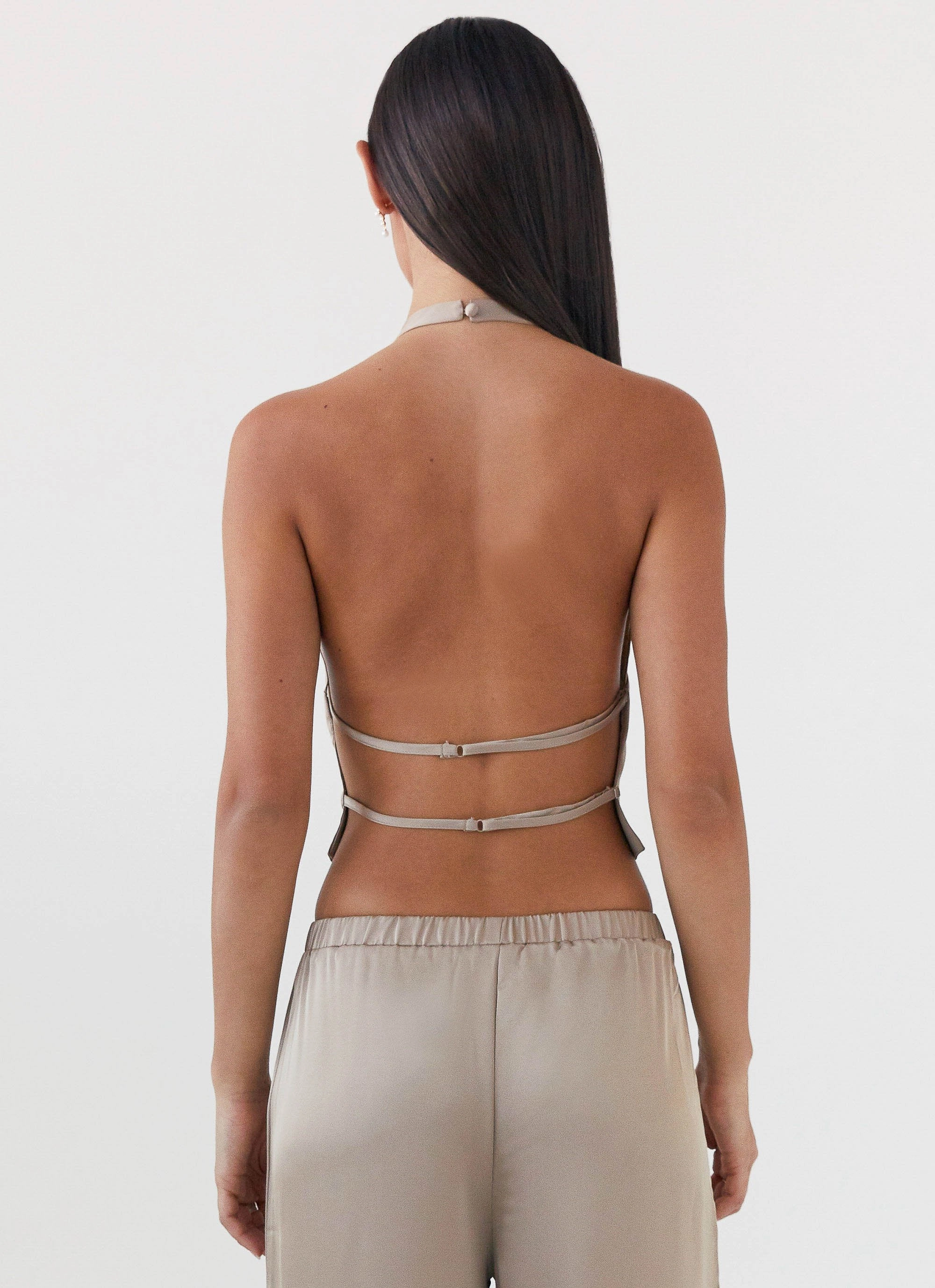 Durable Hem Stitching Bree Satin Halterneck Top - Mushroom