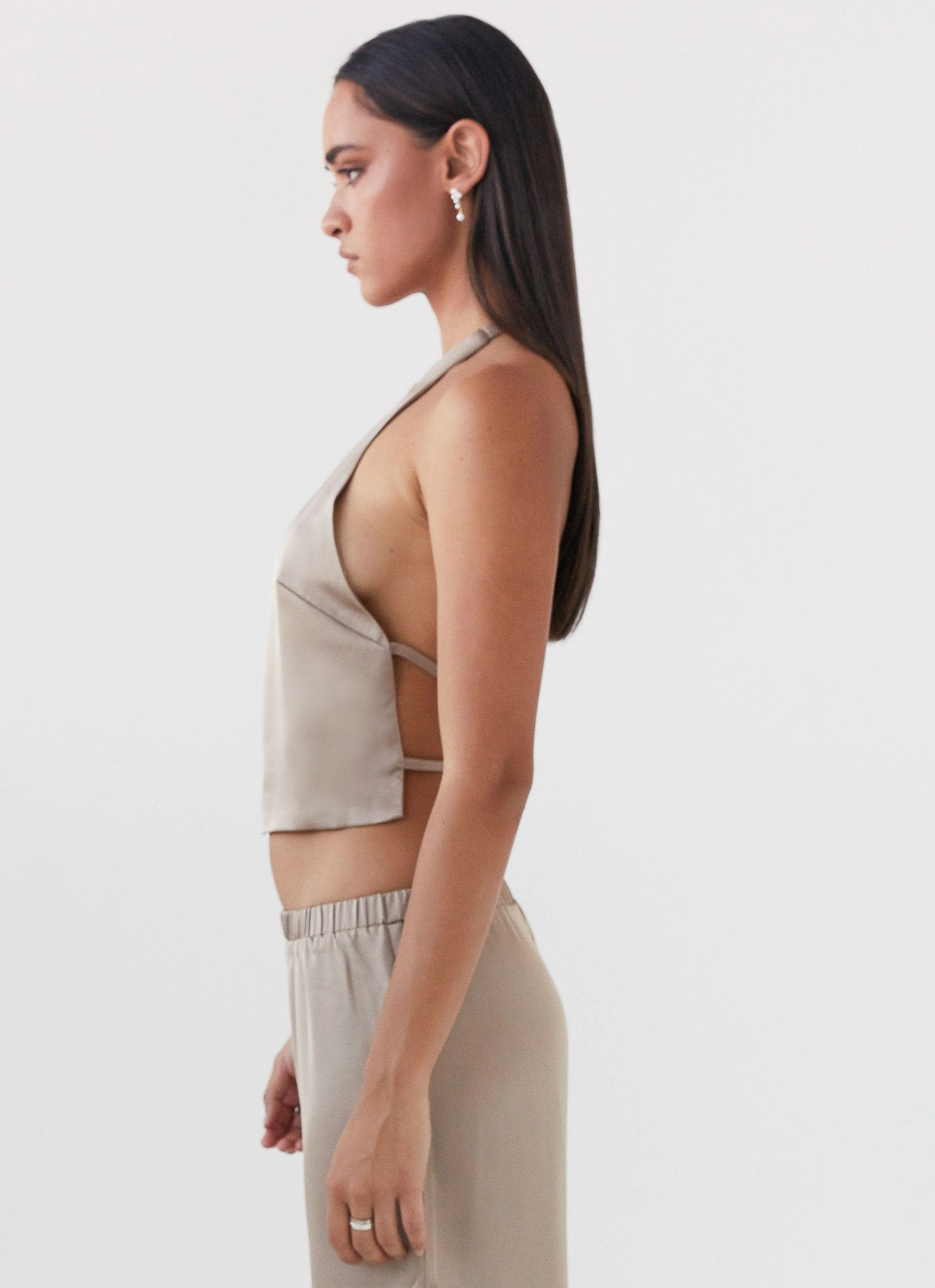 Bree Satin Halterneck Top - Mushroom Sustainable Manufacturing Process