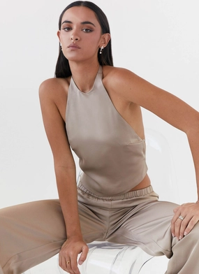 Adjustable Cuff Mechanism Bree Satin Halterneck Top - Mushroom Hypoallergenic Textile HighNeckCut Bree Satin Halterneck Top - Mushroom