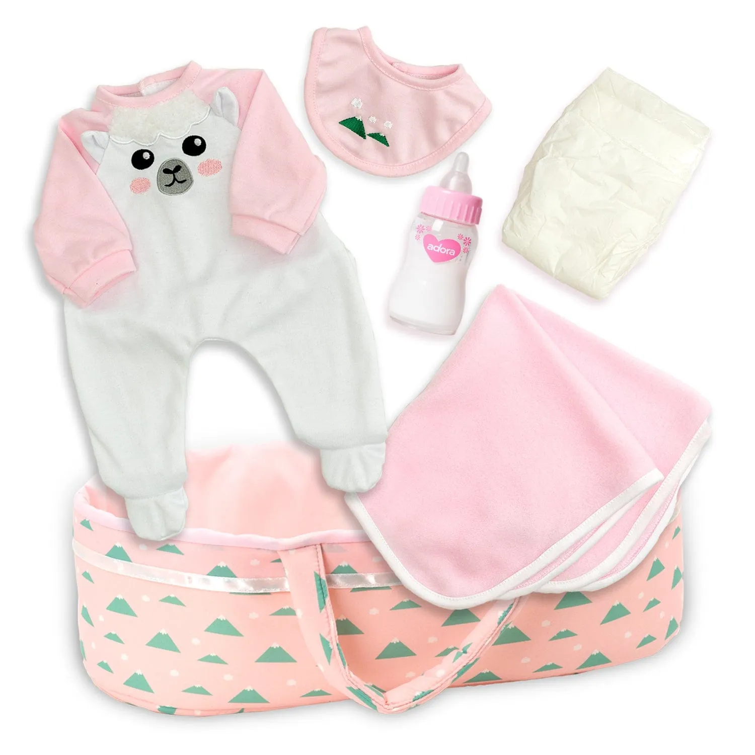 Adoption Nurturing Essentials for 16 inch Babies - 7 Piece Gift Set in Llama print