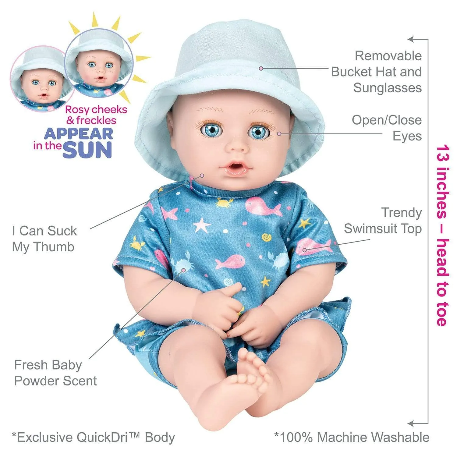Adora Beach Baby Doll with Sun-Activated Freckles, Clothes & Accessories Set - Baby Sunny