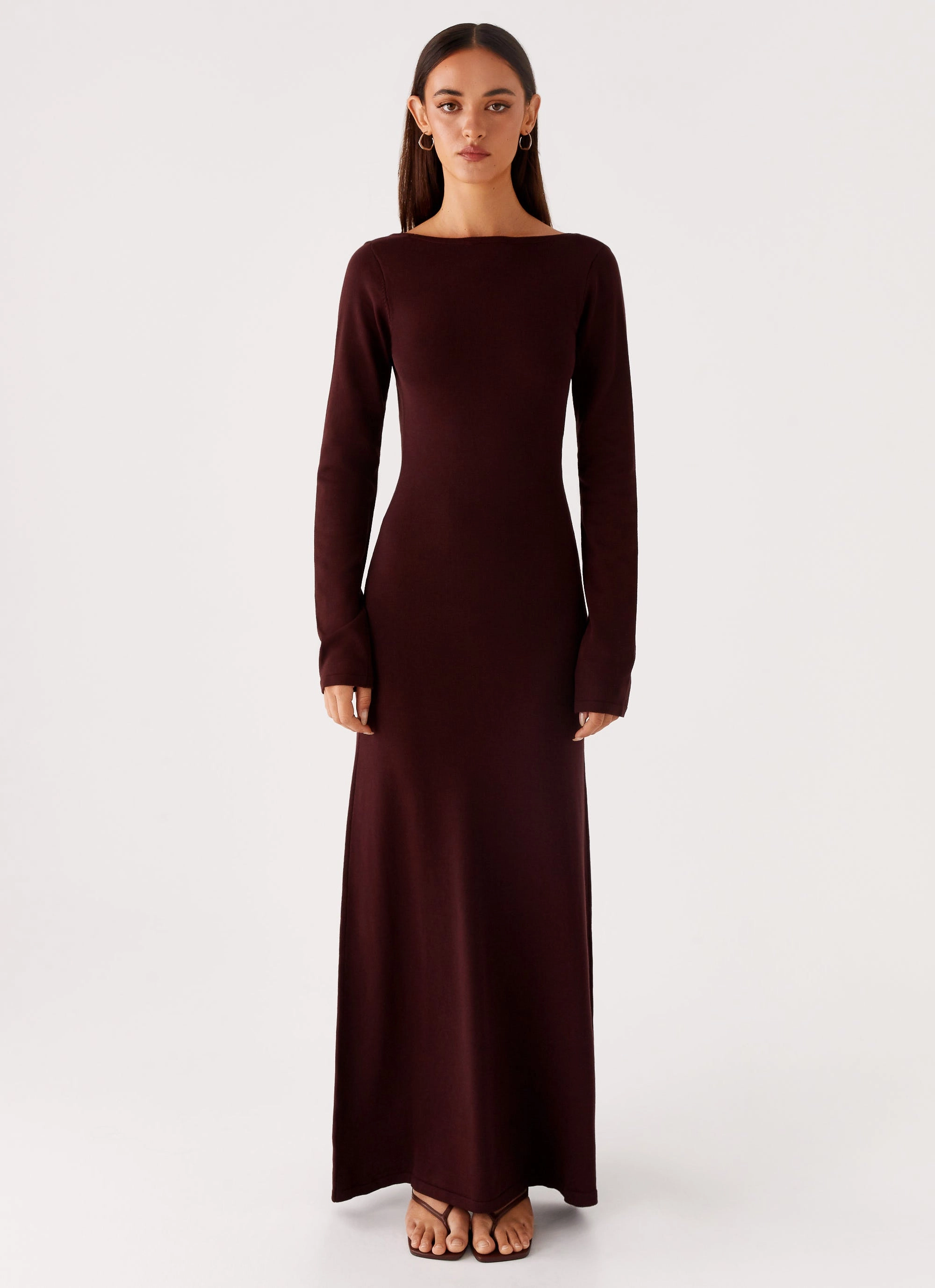 Flared shape Adora Long Sleeve Knit Maxi Dress - Chocolate