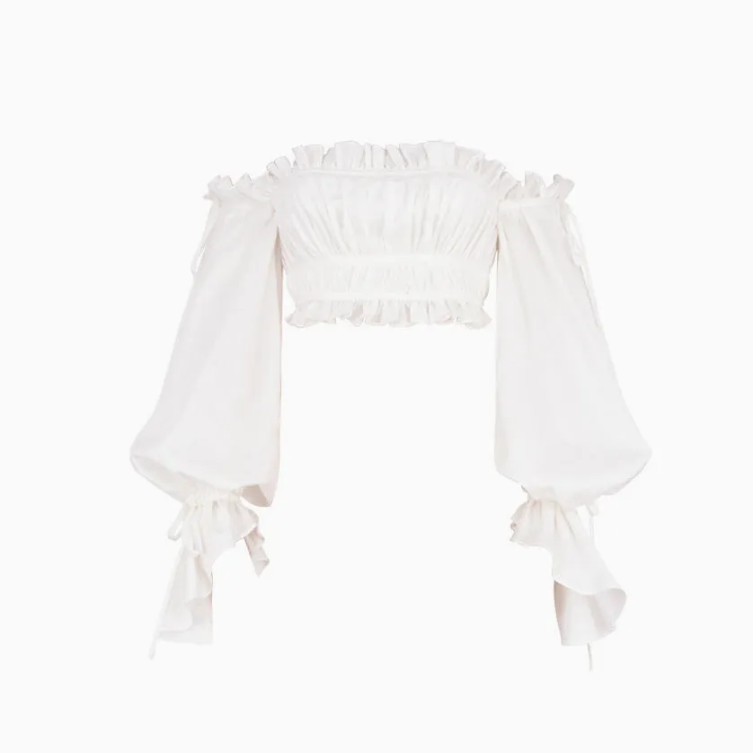Adorable Ruffle Long Sleeve Ruched Off Shoulder Crop Top - White