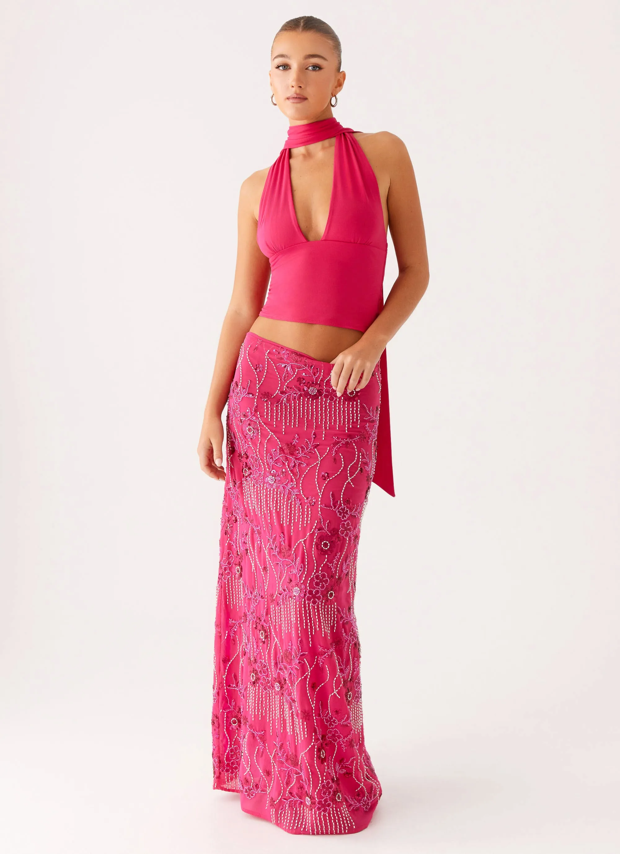 Corinna Low Rise Sequin Maxi Skirt - Fuchsia Tough Materials Day Hike