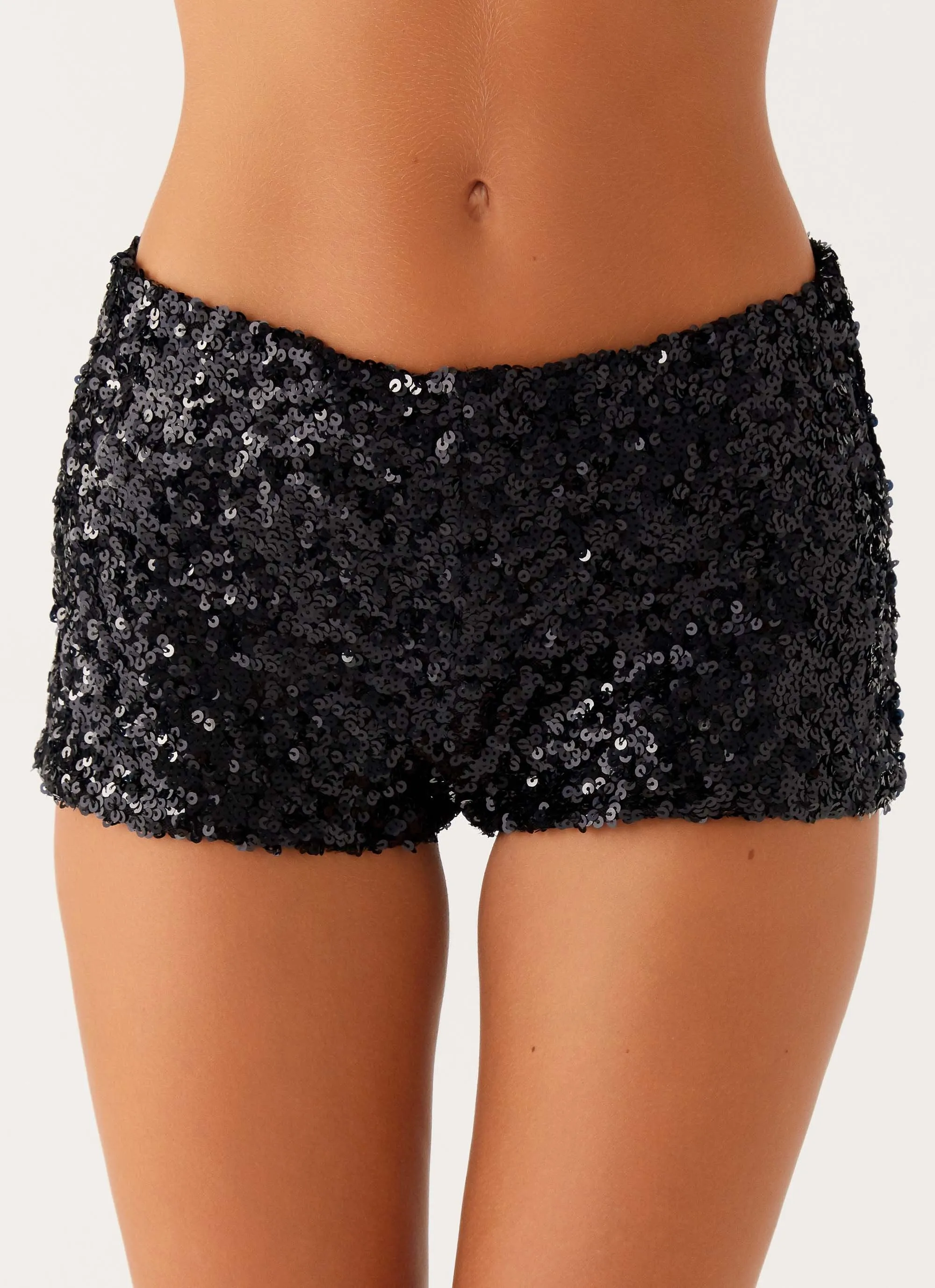 After Midnight Low Rise Sequin Mini Shorts - Black Frayed hem Layering Piece