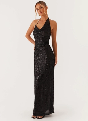 After Tonight Sequin Cowl Neck Maxi Dress - Black Office To Party After Tonight Sequin Cowl Neck Maxi Dress - Black Flattering Waist High-Low-Hem