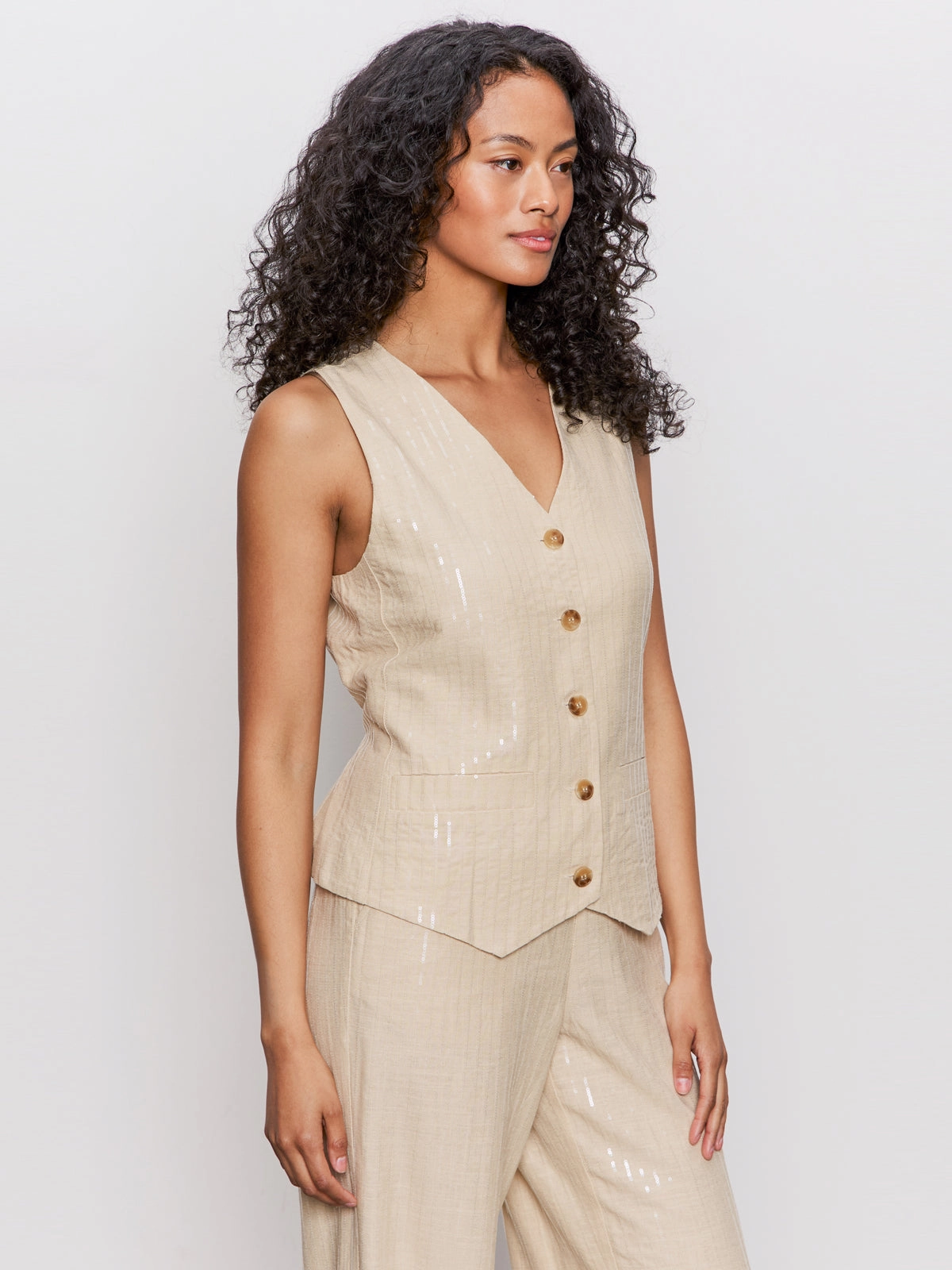 Relaxed Modern Vest Sand Sequin Stripe Commuter Protection