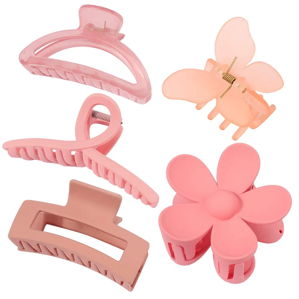Ahoney 5 Pack Cute Pink Hair Clips 3.4-4.3 Inch Jaw Clips for Hair Big Hair Clamp Butterfly Flower Pink Hair Accessories for Women Non Slip Hair Styling for Girls