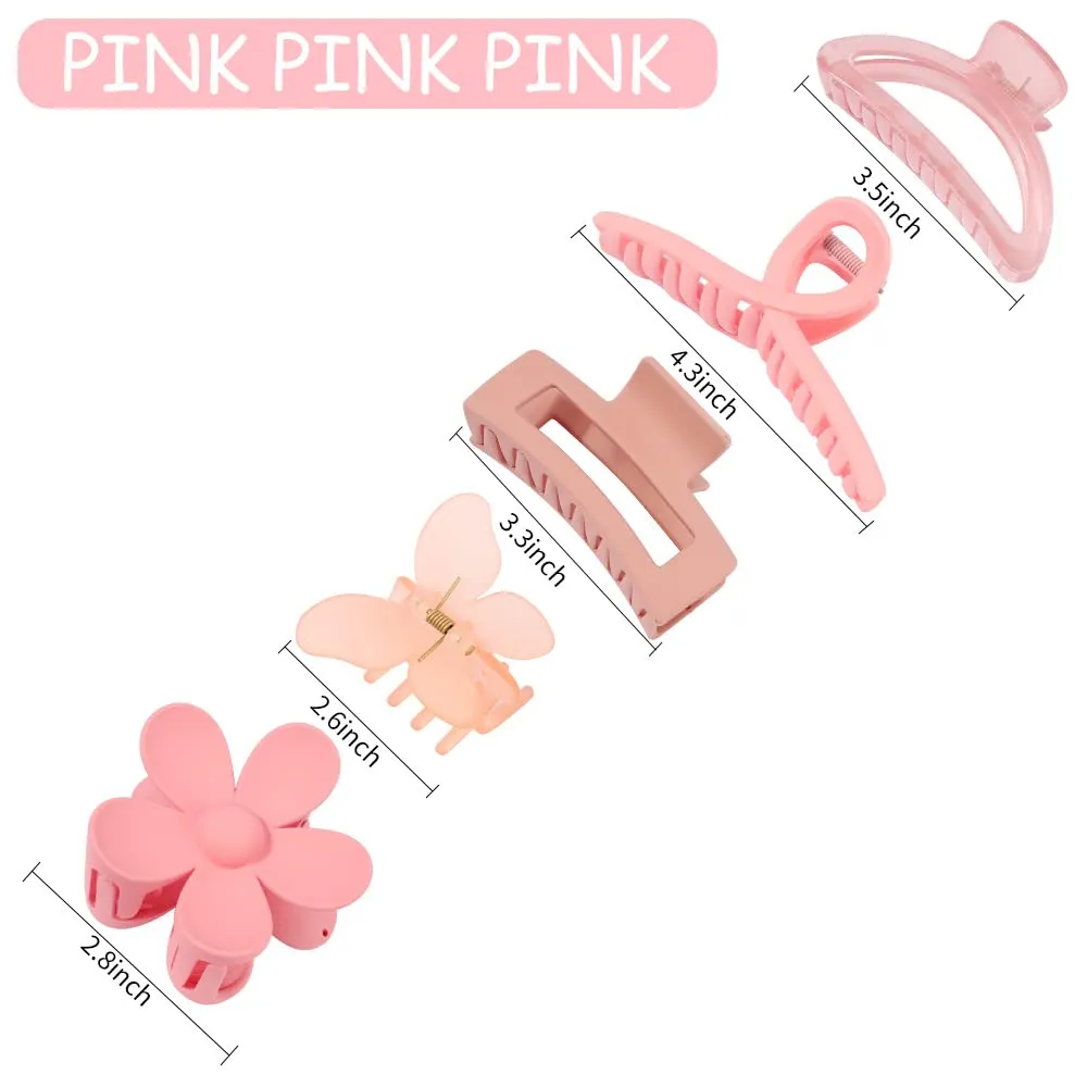 Ahoney 5 Pack Cute Pink Hair Clips 3.4-4.3 Inch Jaw Clips for Hair Big Hair Clamp Butterfly Flower Pink Hair Accessories for Women Non Slip Hair Styling for Girls